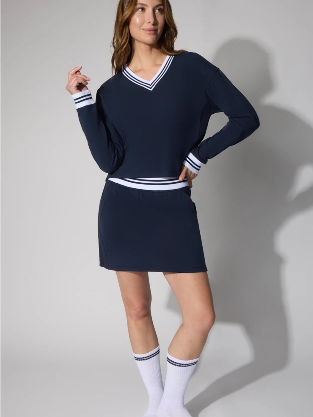 two piece set (a cloud plush V-neck cropped long sleeve top, a matching skort)